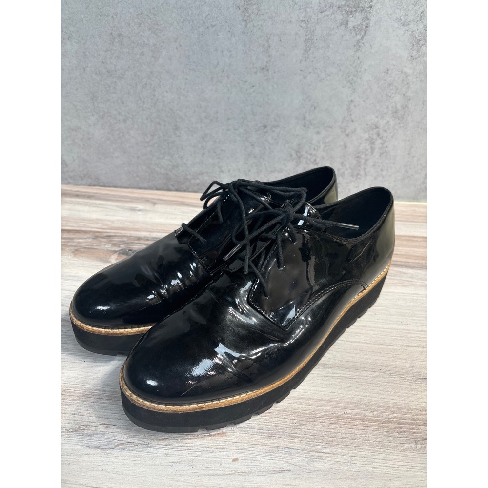 Eileen Fisher Eddy Derby SZ 9 Black Patent Leather Lace Up Oxford Platform Shoes - Picture 2 of 12